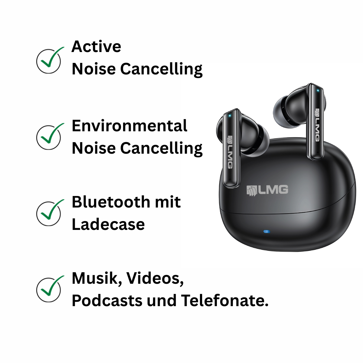 Schwarze LMG Bluetooth-Ohrhörer im Ladecase mit Text über aktive Geräuschunterdrückung.