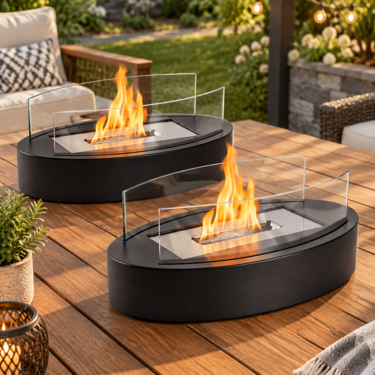 Zwei schwarze Tischkamine mit brennenden Flammen und Glasschirmen stehen auf einem Holz-Gartentisch.