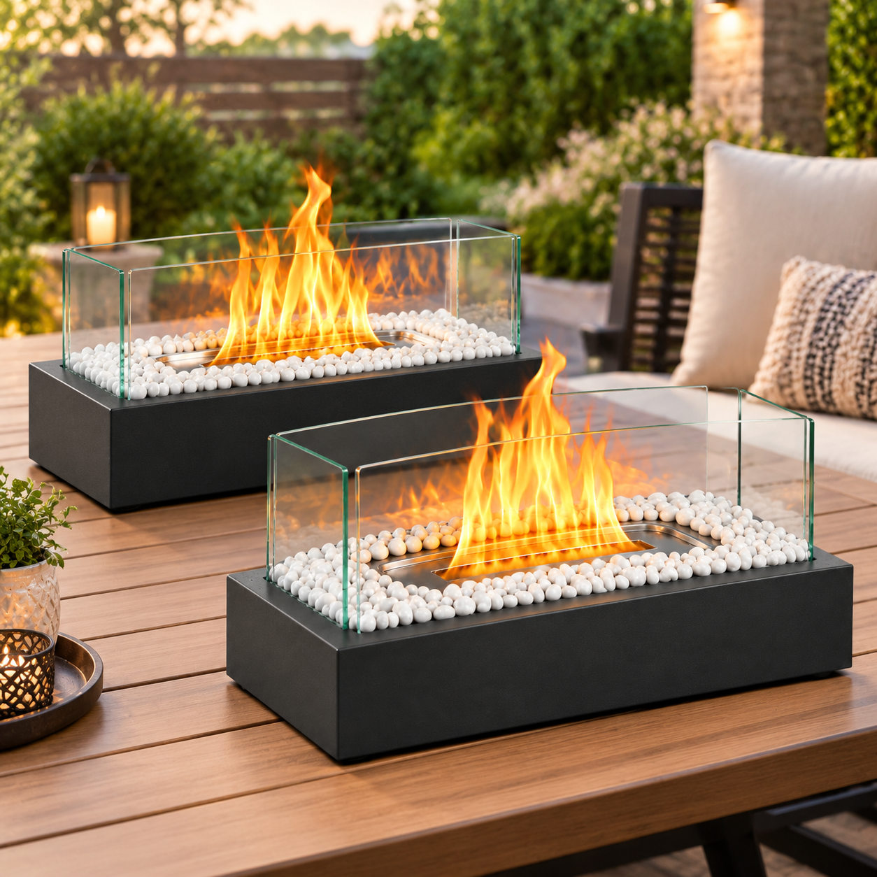 Zwei moderne Tischkamine mit Glaswänden und weißen Steinen brennen auf einem Holz-Gartentisch.