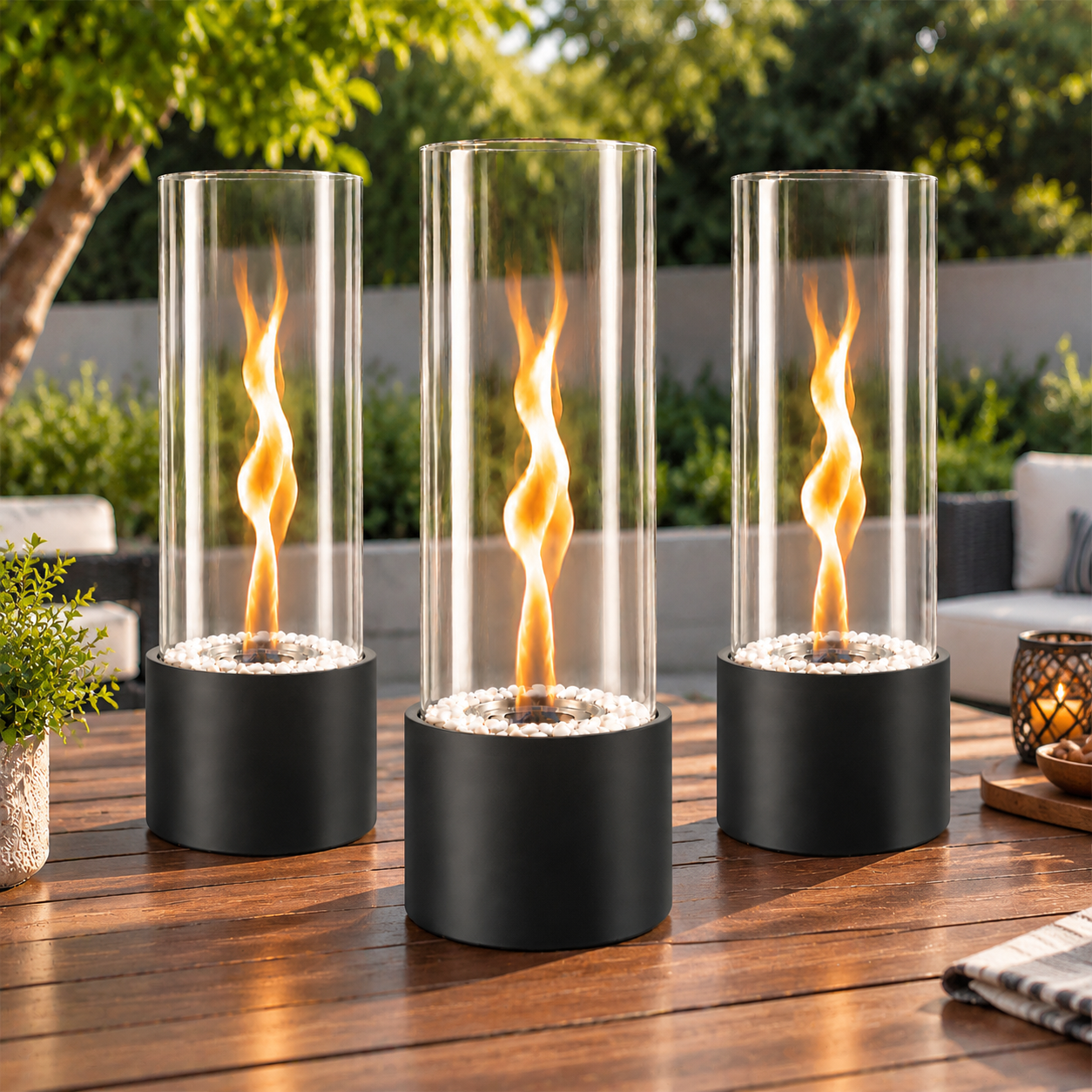 Drei zylindrische Glas-Tischkamine mit schwarzem Sockel und Flammen stehen auf einem Holztisch im Freien.
