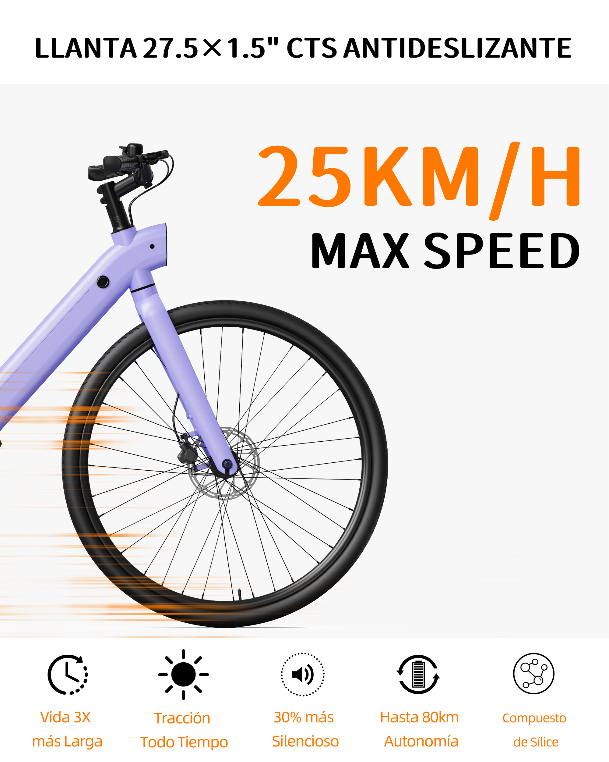 Fioletowy rower elektryczny z prędkością maks. 25 km/h i ikonami funkcji.