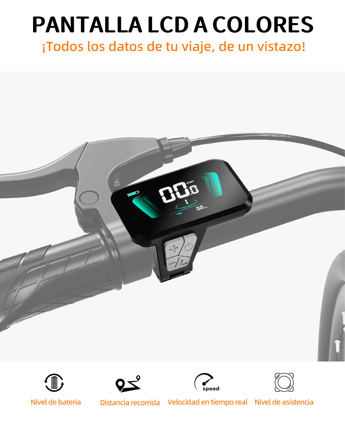 Kolorowy wyświetlacz LCD na kierownicy pokazuje prędkość i baterię.