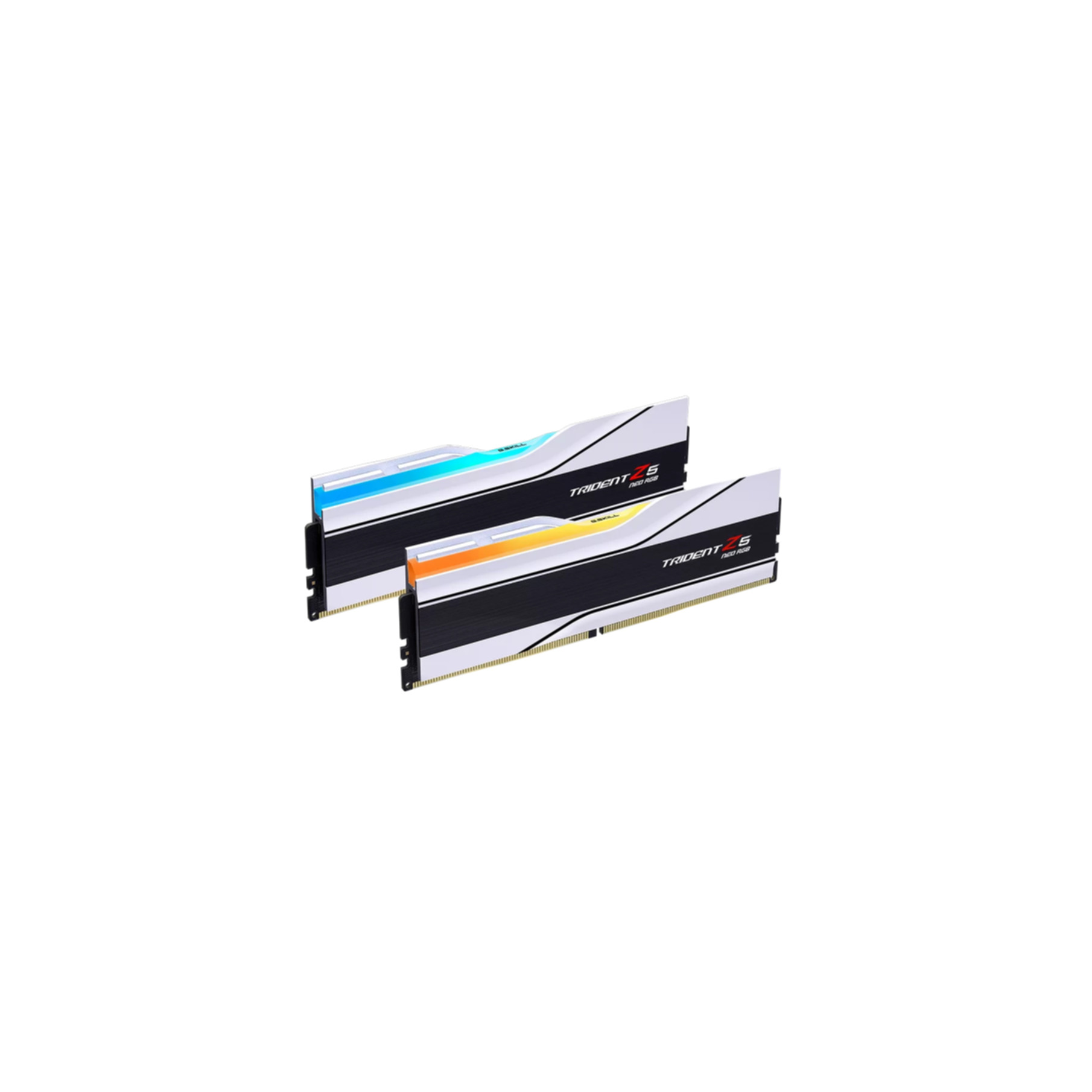 Due moduli RAM G.Skill Trident Z5 Neo RGB con design bianco e nero e dettagli luminosi su sfondo bianco.