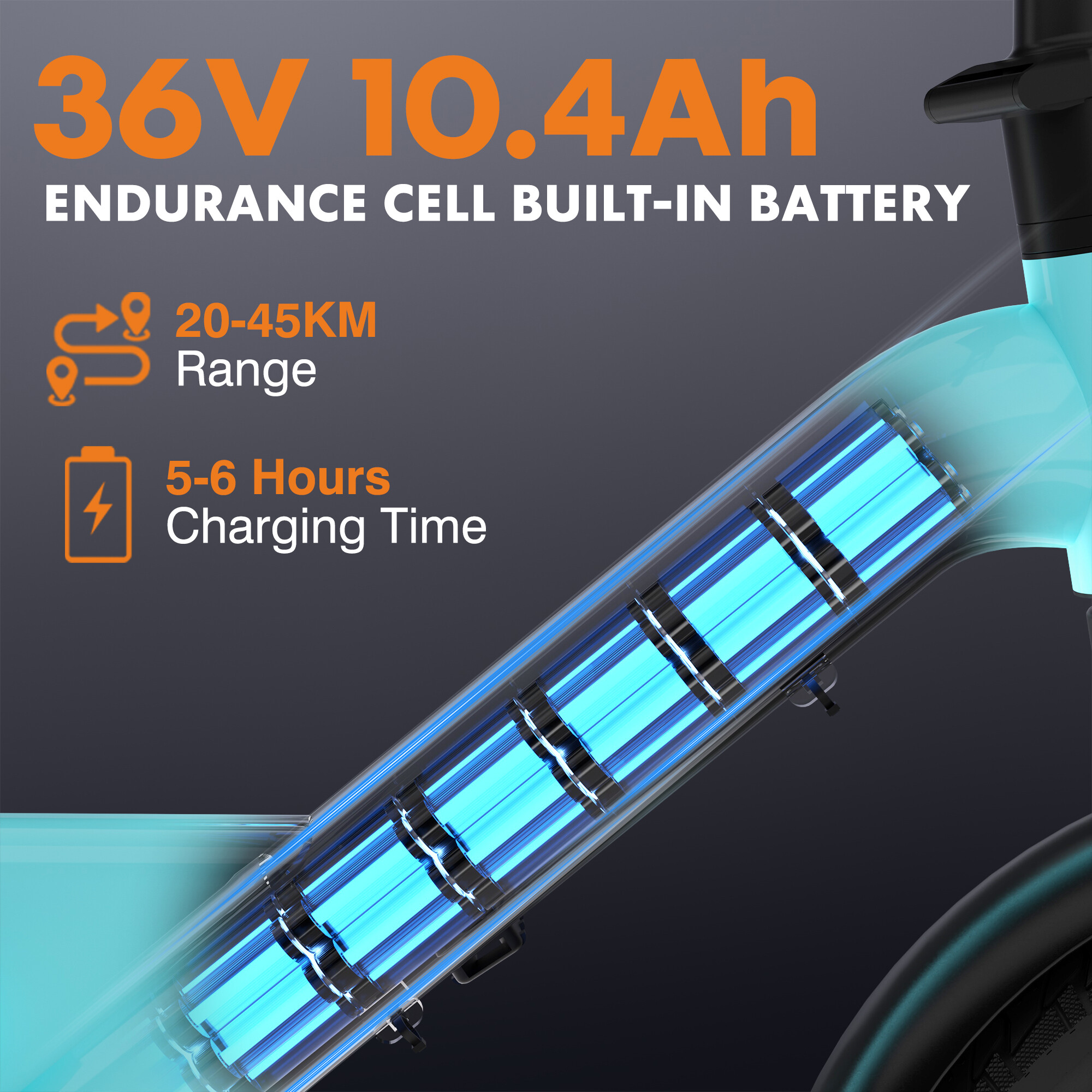 Diagram przedstawia baterię do roweru elektrycznego 36V 10.4Ah o zasięgu 20-45 km.