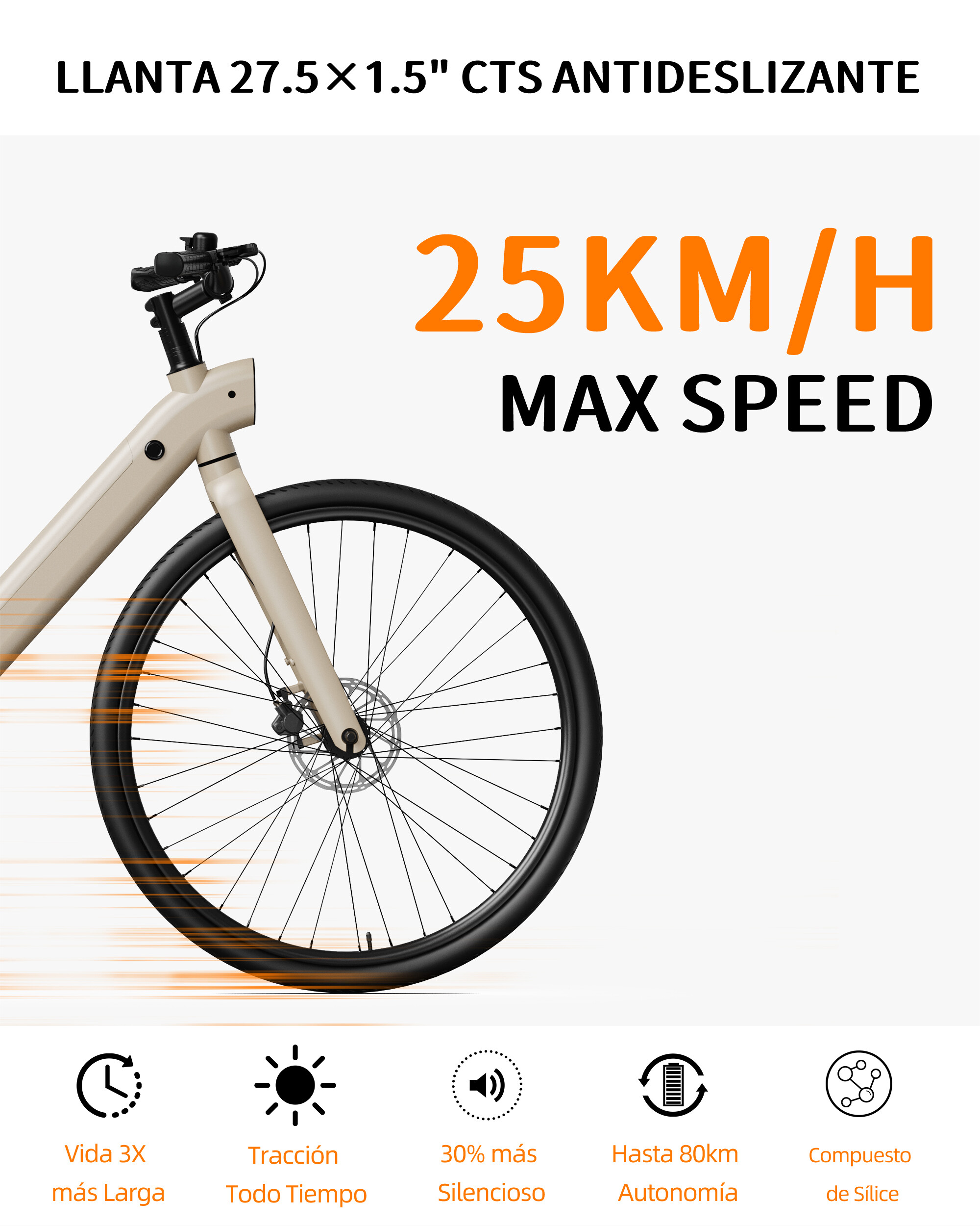 Przednia część beżowego roweru elektrycznego, prędkość 25km/h.
