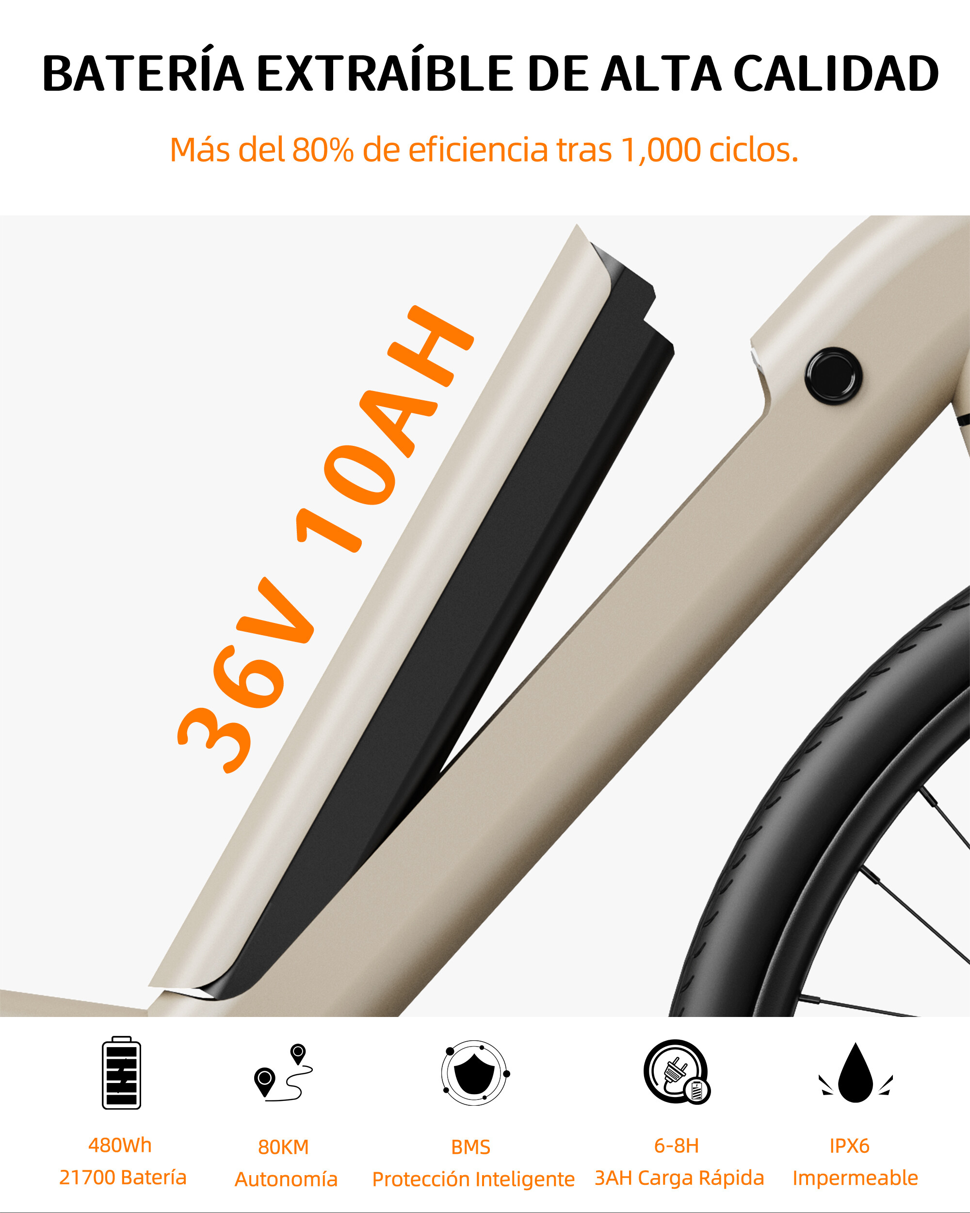 Bateria roweru elektrycznego 36V 10AH wyjmowana z ramy, z ikonami i danymi na dole.