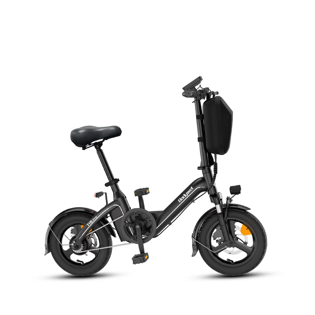 Czarny rower elektryczny T16 Pro z małymi kołami, torbą z przodu i czarnym siodełkiem na białym tle.
