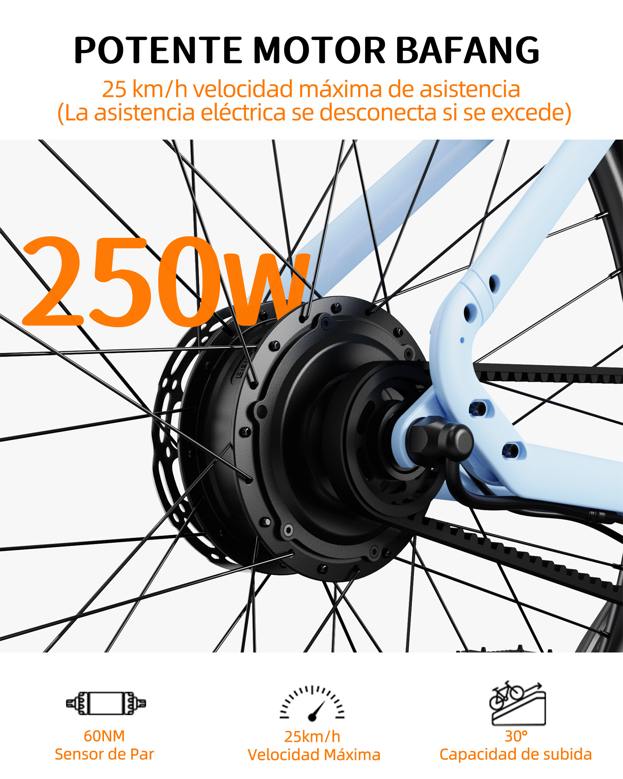 Zbliżenie na silnik w piasta roweru elektrycznego Bafang 250W ze szprychami i napędem pasowym.