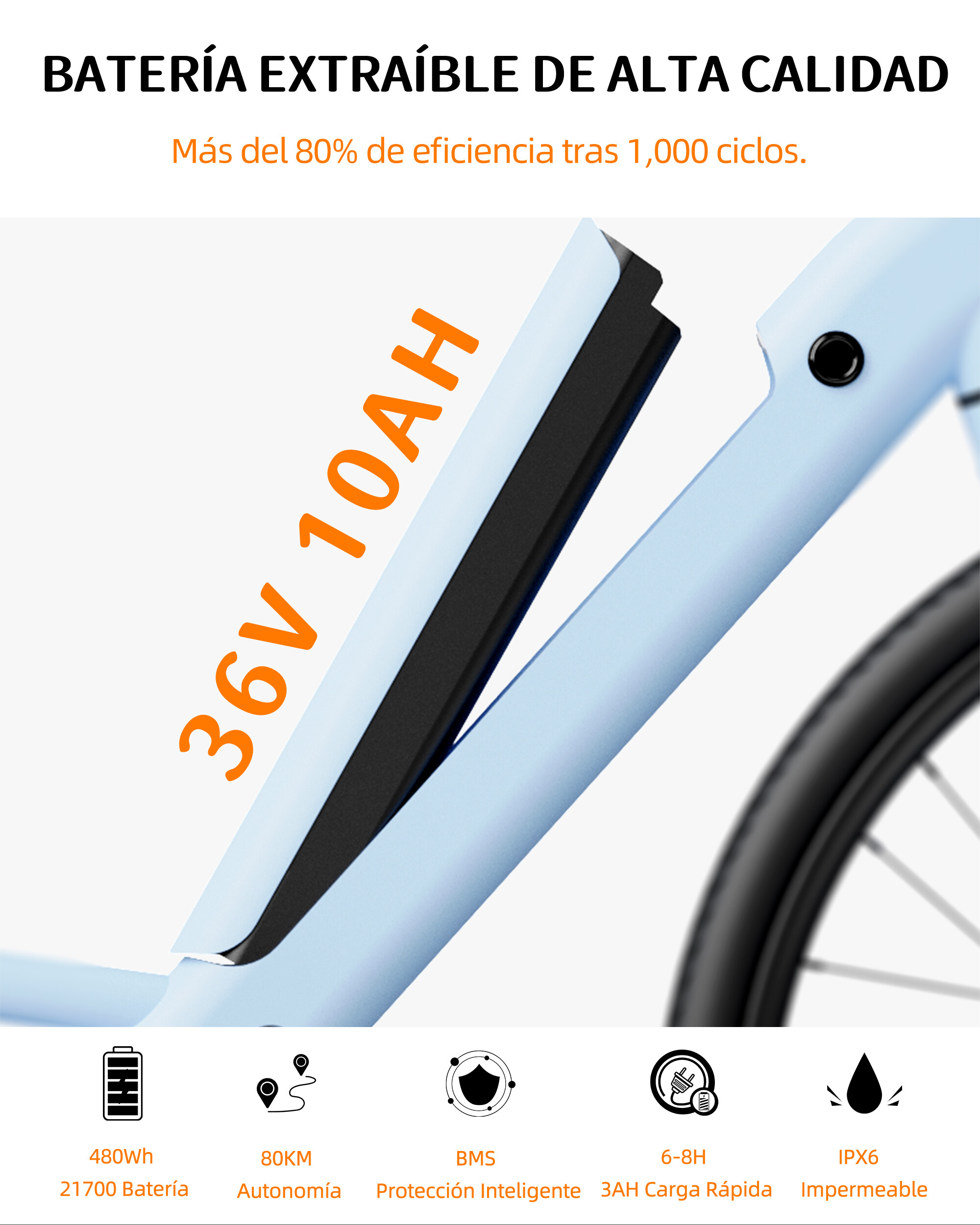 Zdjęcie produktu przedstawia wyjmowaną baterię 36V 10AH niebieskiego roweru elektrycznego ze specyfikacją.