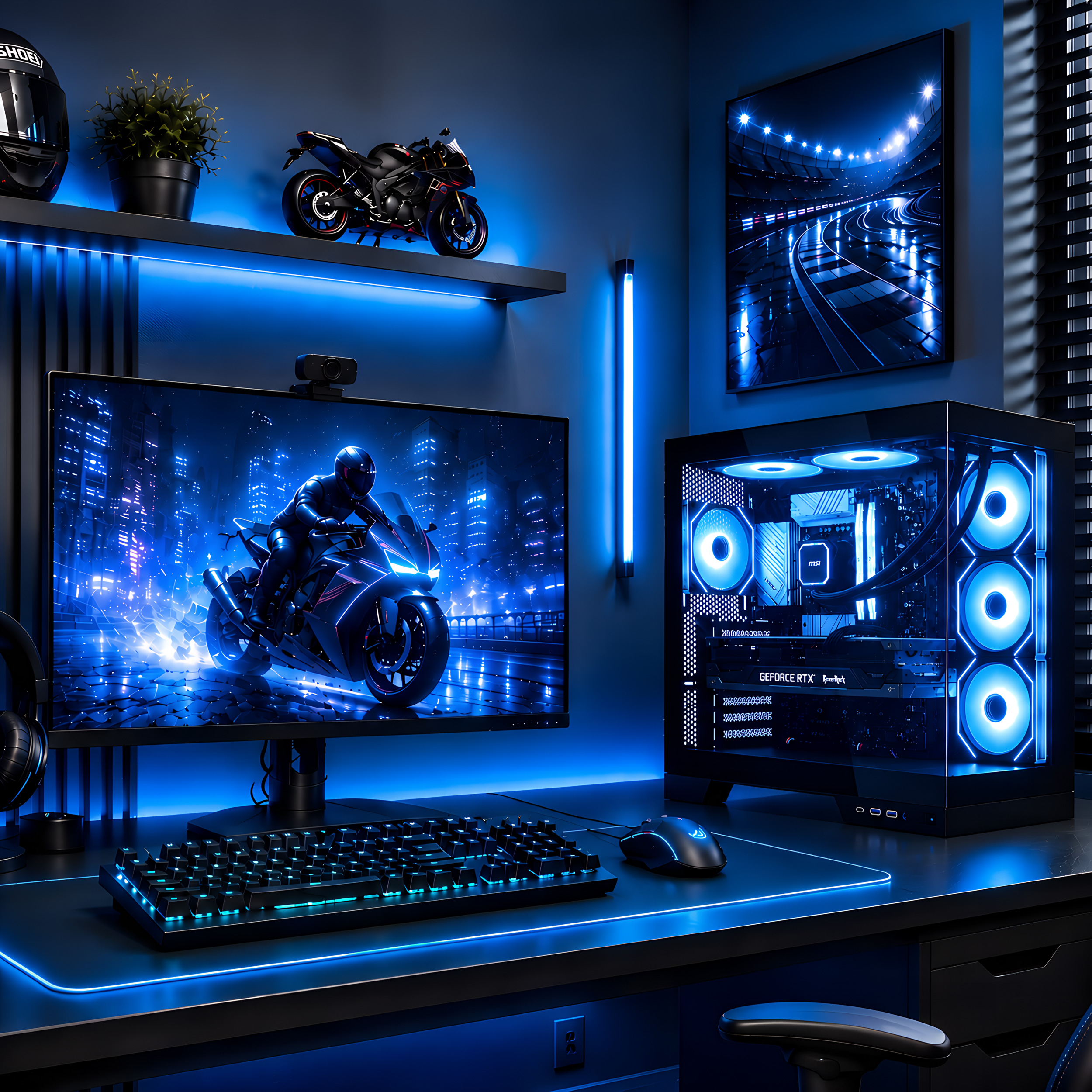 Ein blau beleuchtetes Gaming-Setup mit PC, großem Monitor, Motorrad-Dekor und Tastatur auf einem dunklen Schreibtisch.