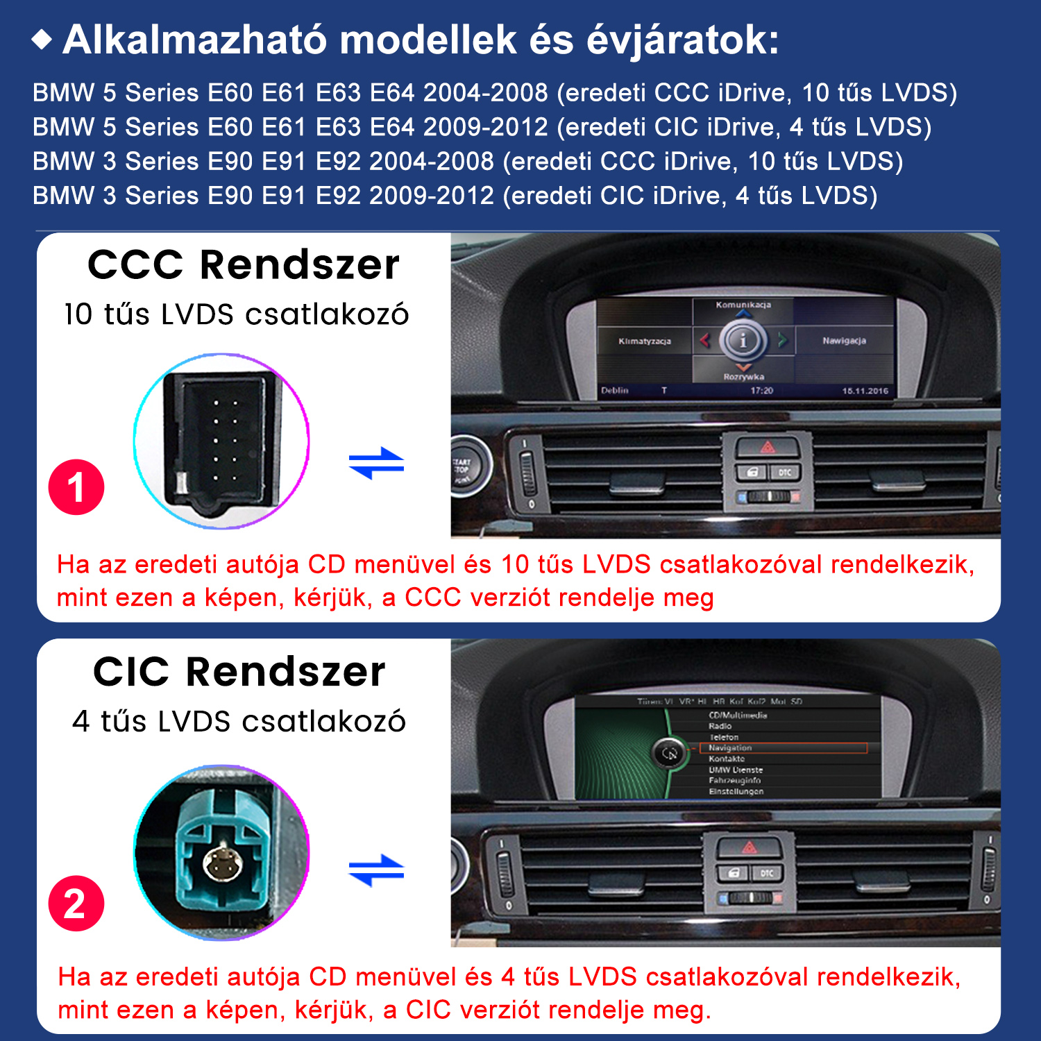 BMW CCC és CIC rendszerek összehasonlítása 10 és 4 tűs LVDS csatlakozókkal és műszerfalakkal.
