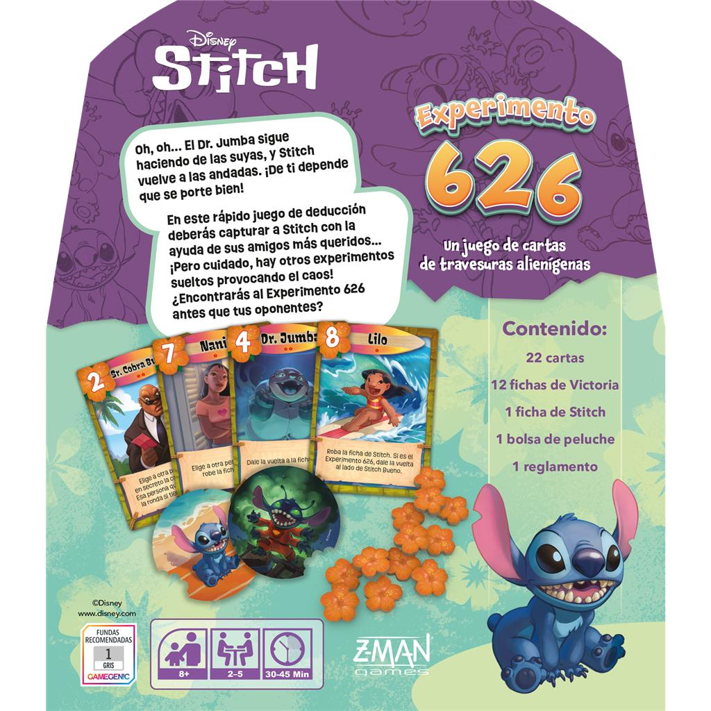 Empaque de juego de cartas Disney Stitch con personajes, texto y reglas sobre fondo morado.