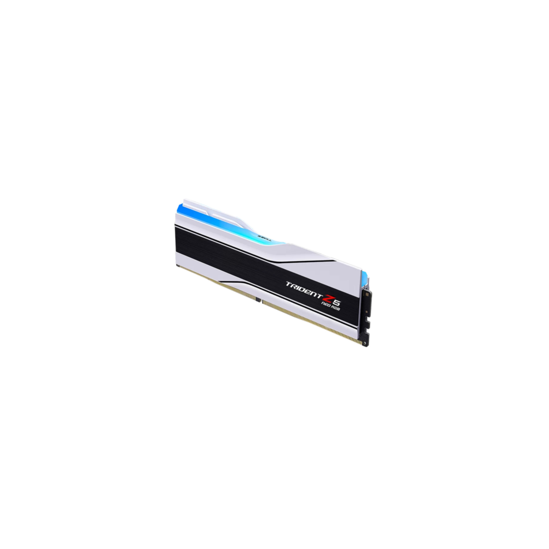 Un modulo RAM G.Skill Trident Z5 Neo RGB con dissipatore bianco e nero e luce blu superiore su sfondo bianco.