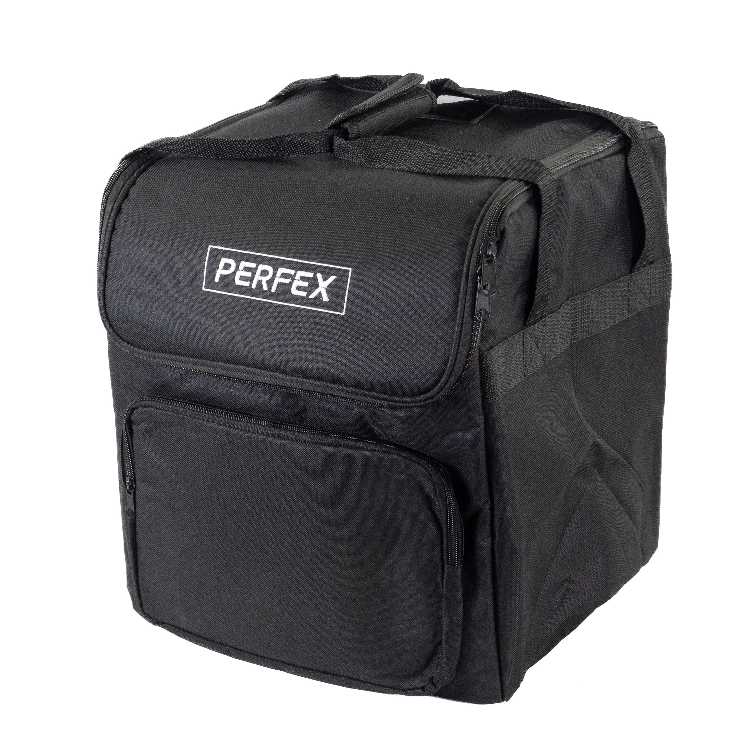 Eine schwarze Liefertasche mit dem Schriftzug PERFEX auf der Vorderseite, mit Gurten, Reißverschlüssen und Fronttasche.