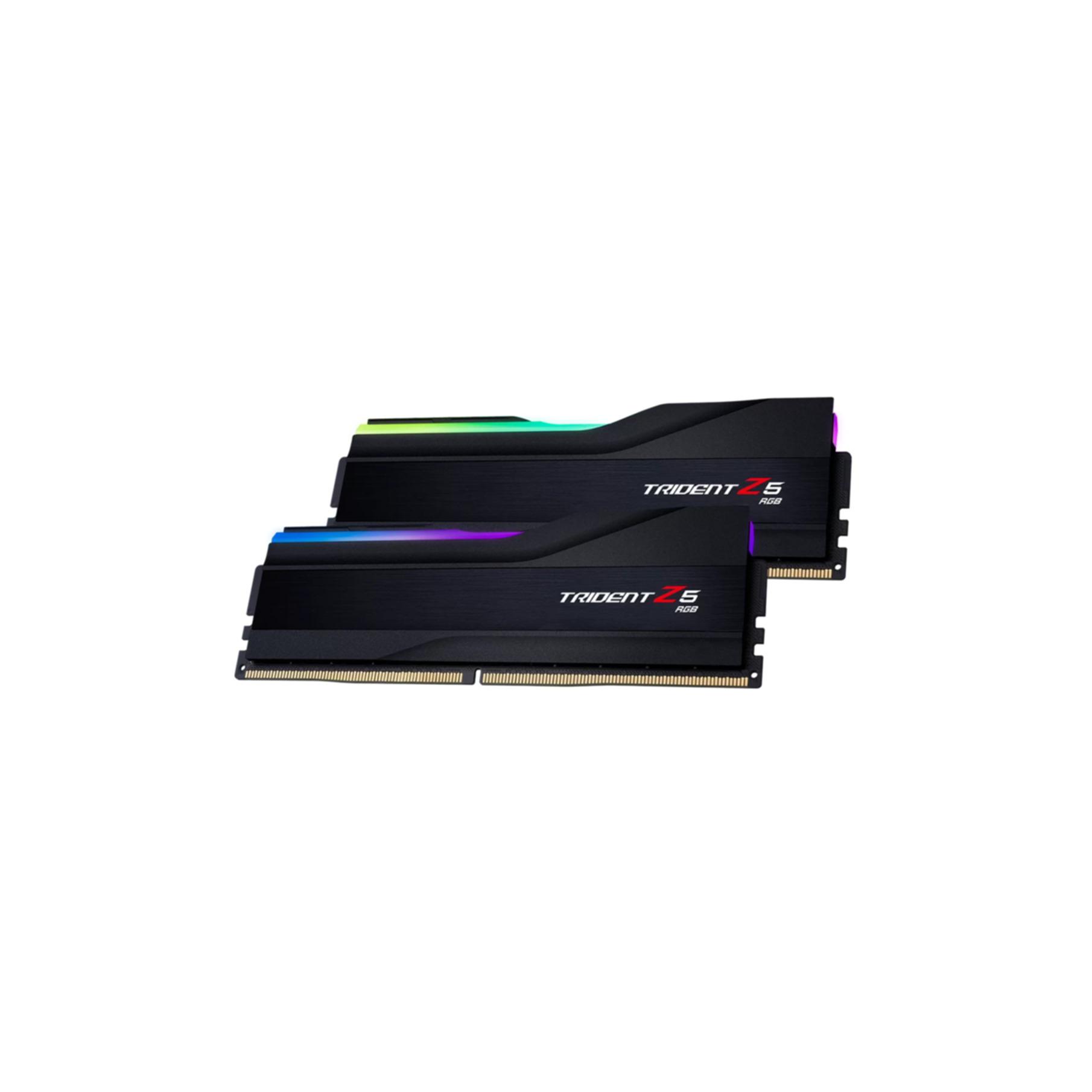 Dwa czarne moduły RAM Trident Z5 RGB z kolorowym podświetleniem na białym tle.