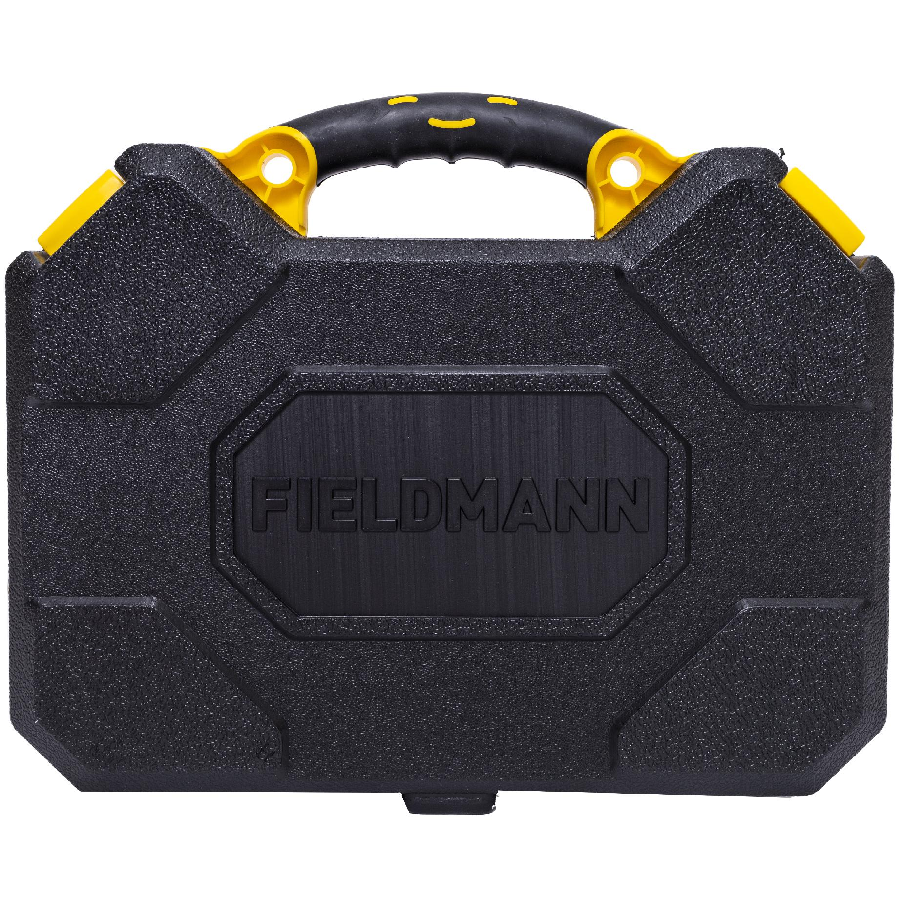 Una cassetta porta attrezzi Fieldmann in plastica nera con dettagli gialli e manico nero e giallo su sfondo bianco.