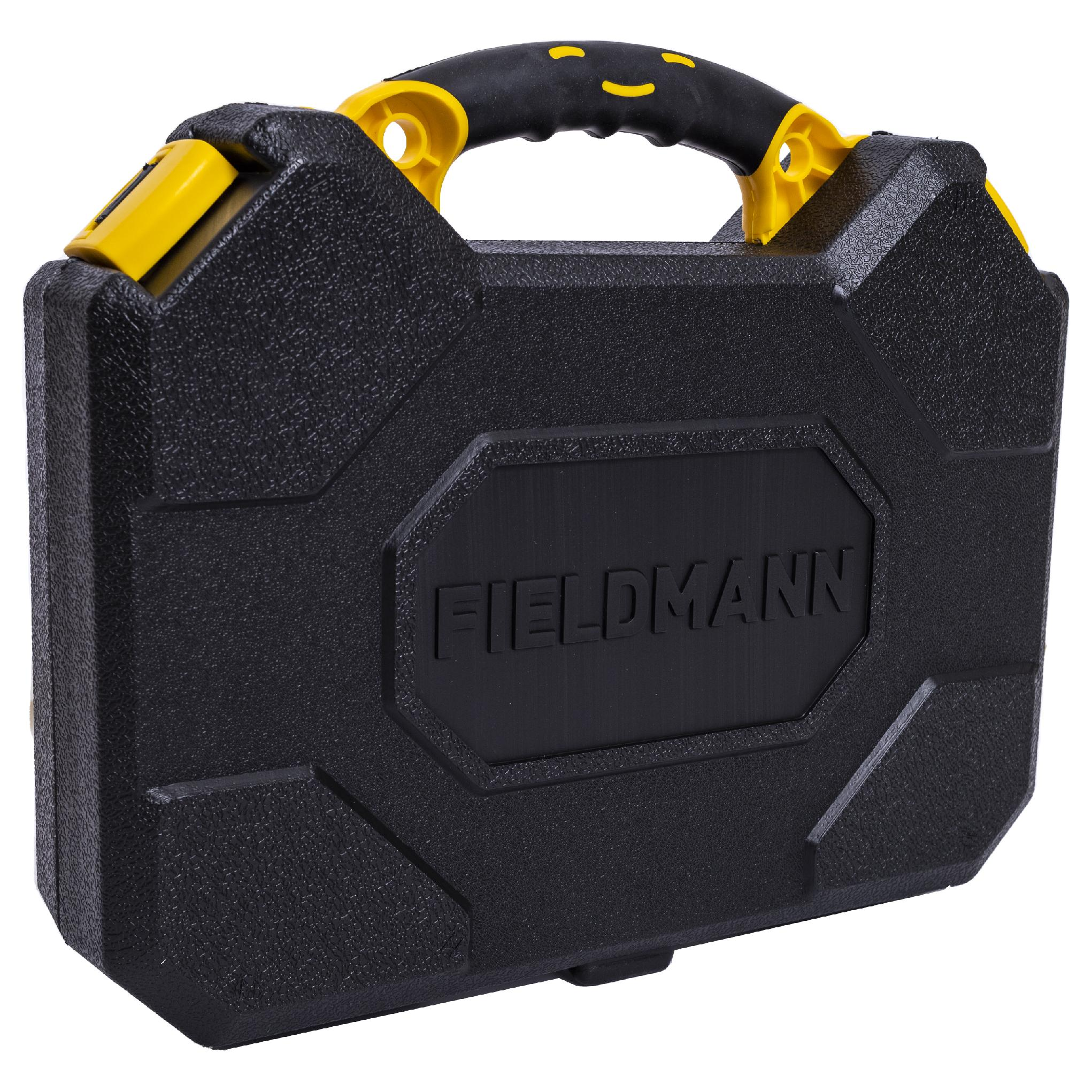 Una cassetta degli attrezzi in plastica nera con dettagli gialli e il logo Fieldmann, su sfondo bianco.