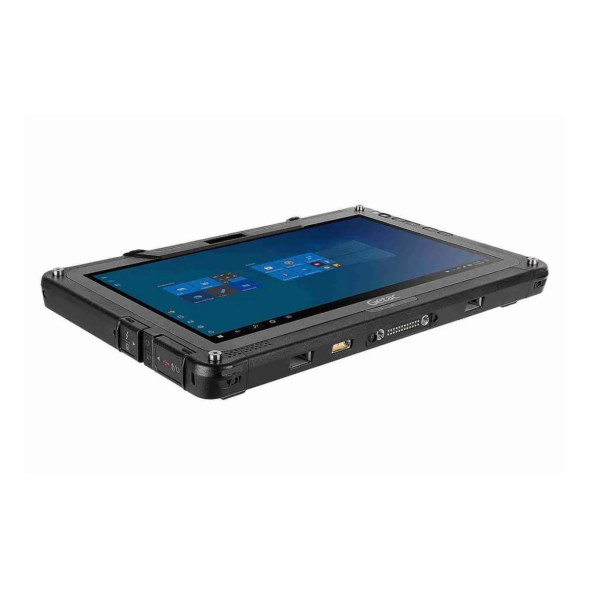 Ein robustes Getac-Tablet in Schwarz mit blauem Bildschirm liegt schräg auf weißem Hintergrund.
