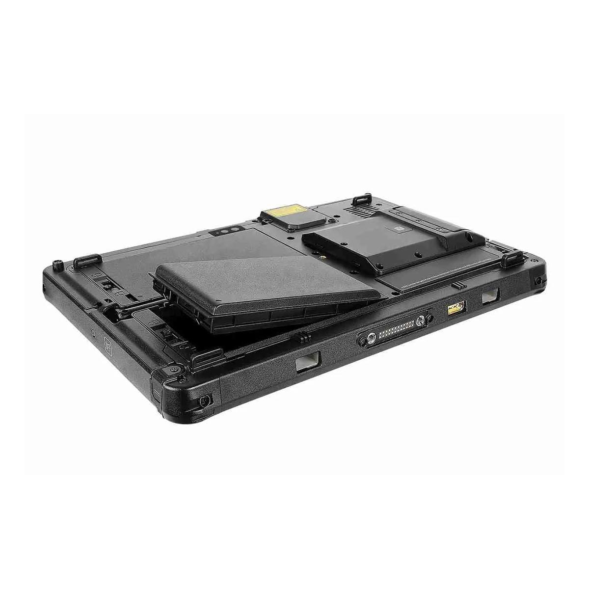 Rückansicht eines schwarzen Rugged-Laptops mit teilweise geöffnetem Akku.