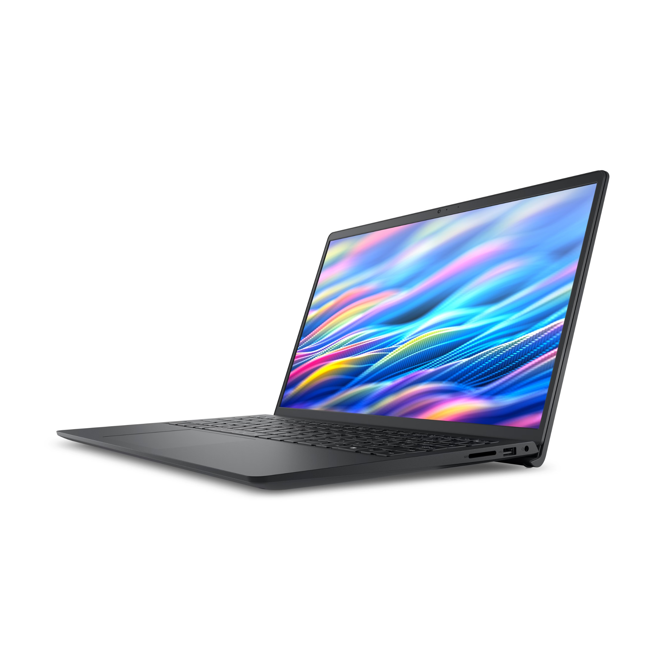 Ein schwarzer Laptop auf weißem Hintergrund mit einem bunten abstrakten Hintergrundbild auf dem Bildschirm.