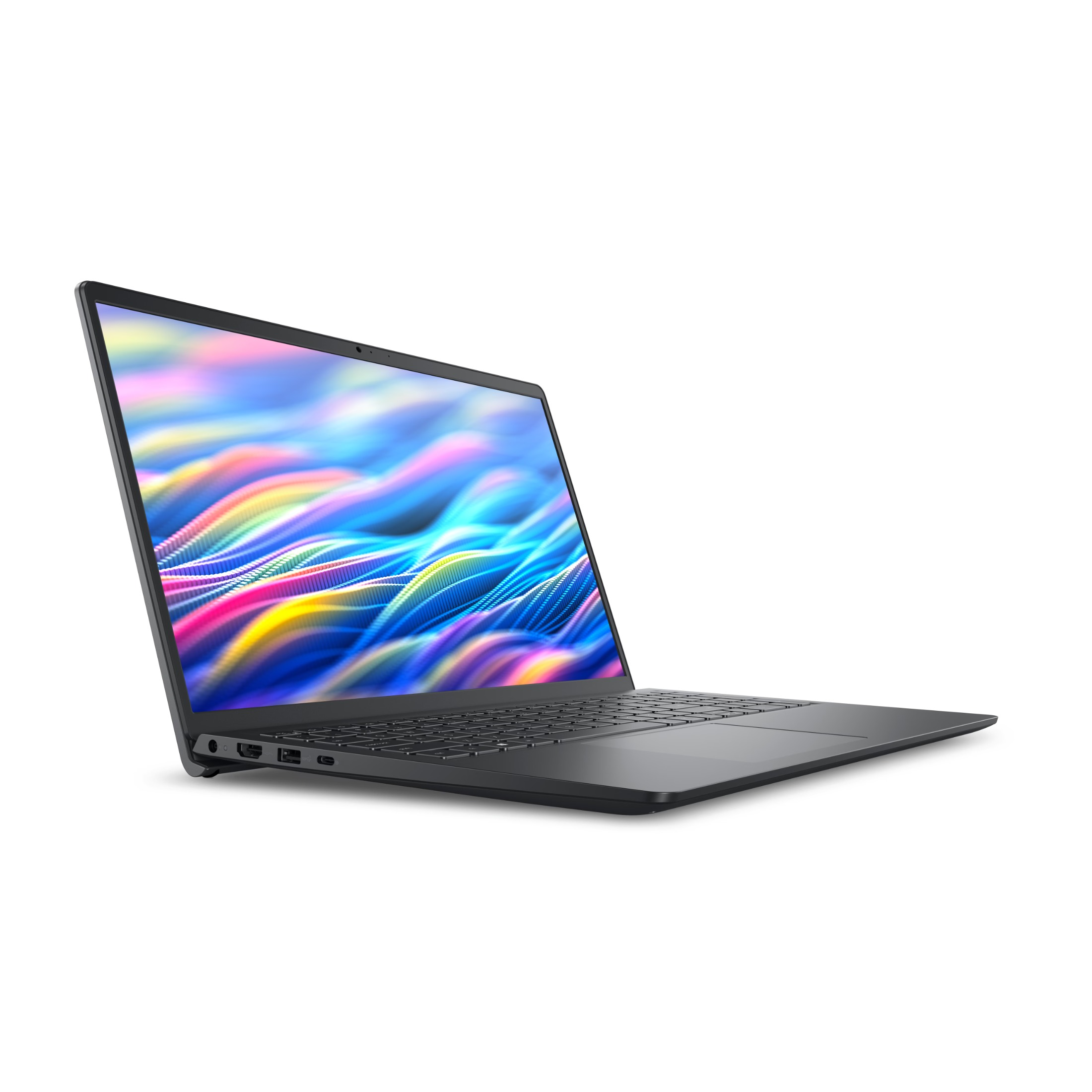 Ein moderner schwarzer Laptop steht auf weißem Hintergrund mit einem bunten, abstrakten Hintergrundbild auf dem Bildschirm.