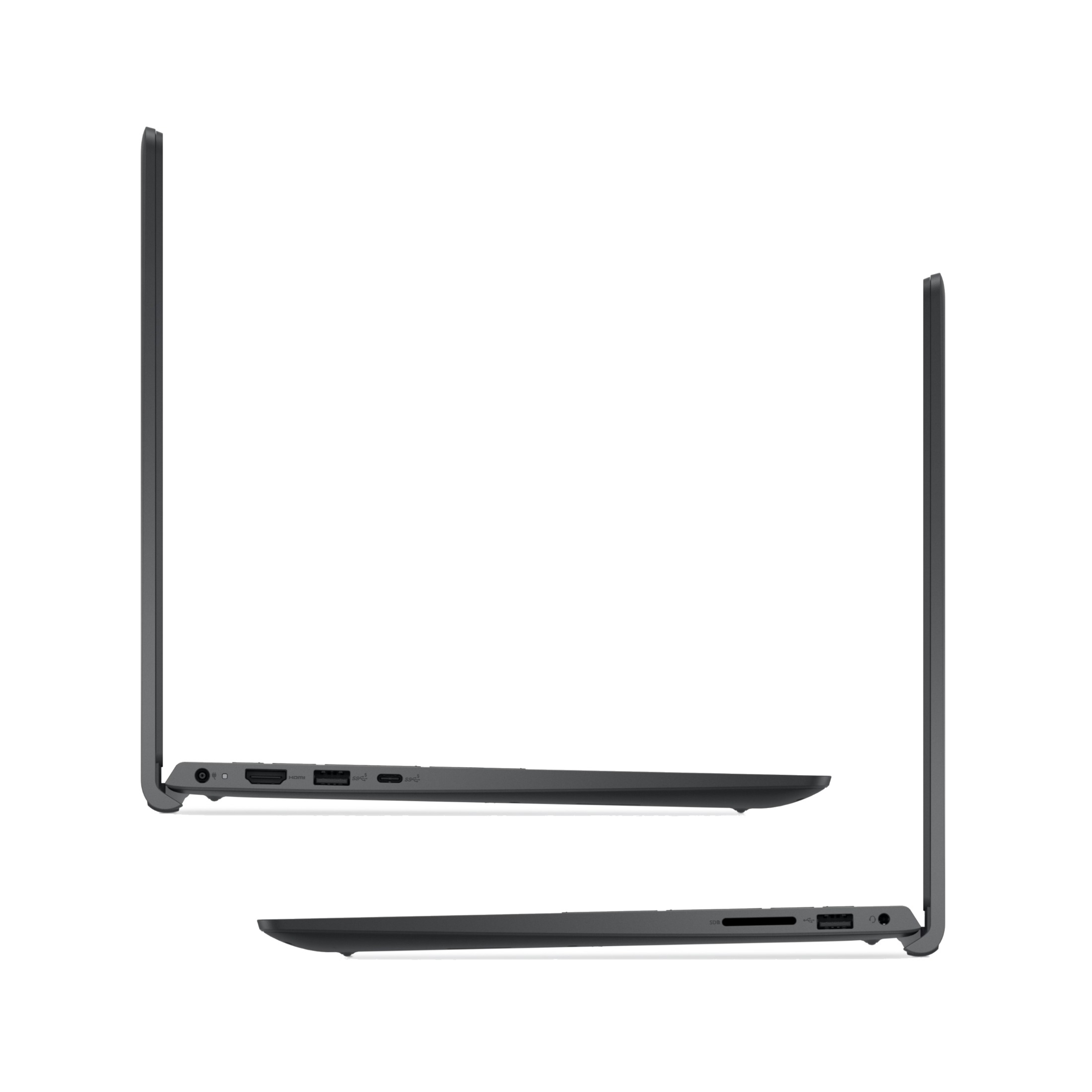 Seitenansichten eines offenen grauen Laptops mit verschiedenen Anschlüssen auf beiden Seiten.