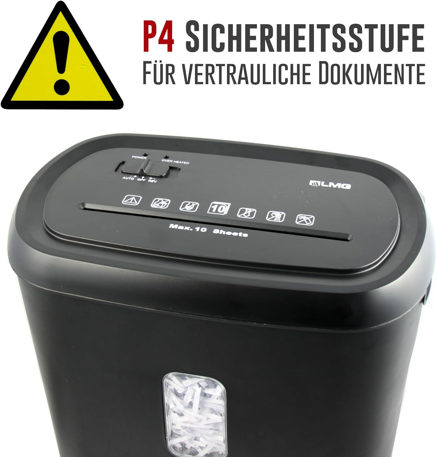 Schwarzer Aktenvernichter mit P4-Sicherheitsstufe für vertrauliche Dokumente.