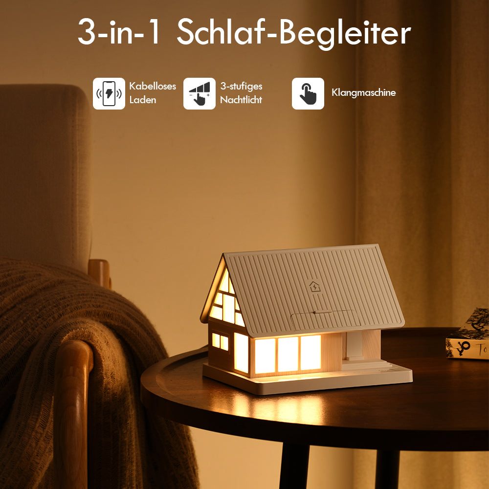 Ein hausformiges 3-in-1-Nachtlicht mit kabellosem Laden auf einem Holztisch.