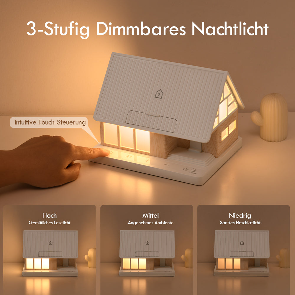 Ein fingerbedientes, dreistufig dimmbares Nachtlicht in Hausform mit warmer Beleuchtung.