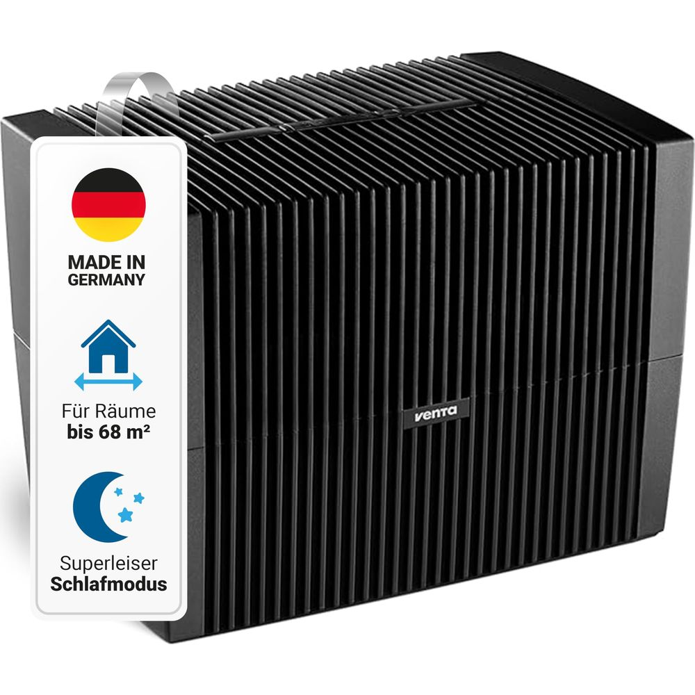 Schwarzer Venta Luftbefeuchter mit anhängendem Etikett, Made in Germany, für Räume bis 68 m² und leisem Modus.