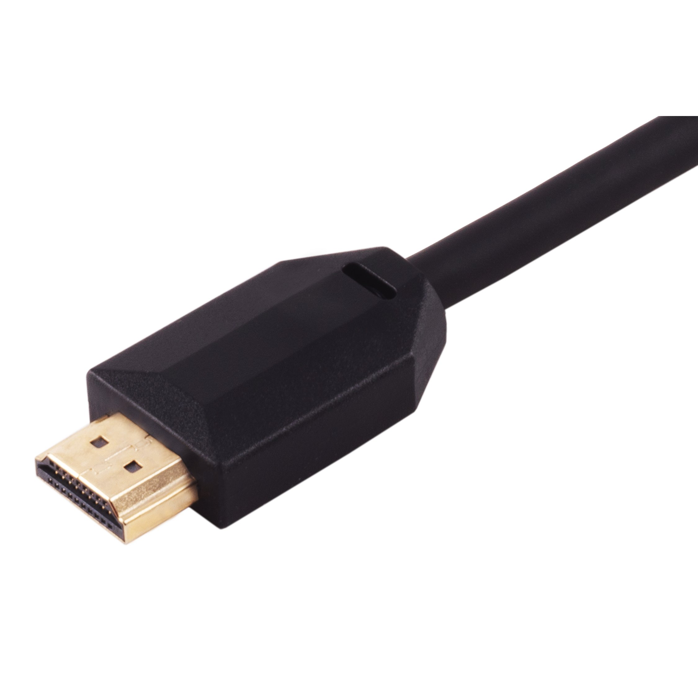 Ein schwarzes HDMI-Kabel mit goldenem Anschluss auf weißem Hintergrund.