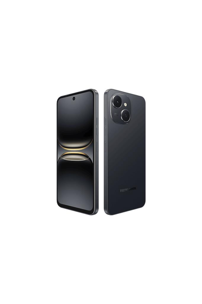 Ön ve arka görünümüyle siyah akıllı telefon, çift kamera ve arkada Tecno logosu bulunuyor.