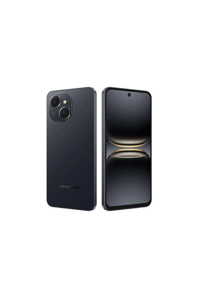 Arka panelinde çift kamera modülü bulunan, önden ve arkadan gösterilen siyah Tecno Spark akıllı telefon.