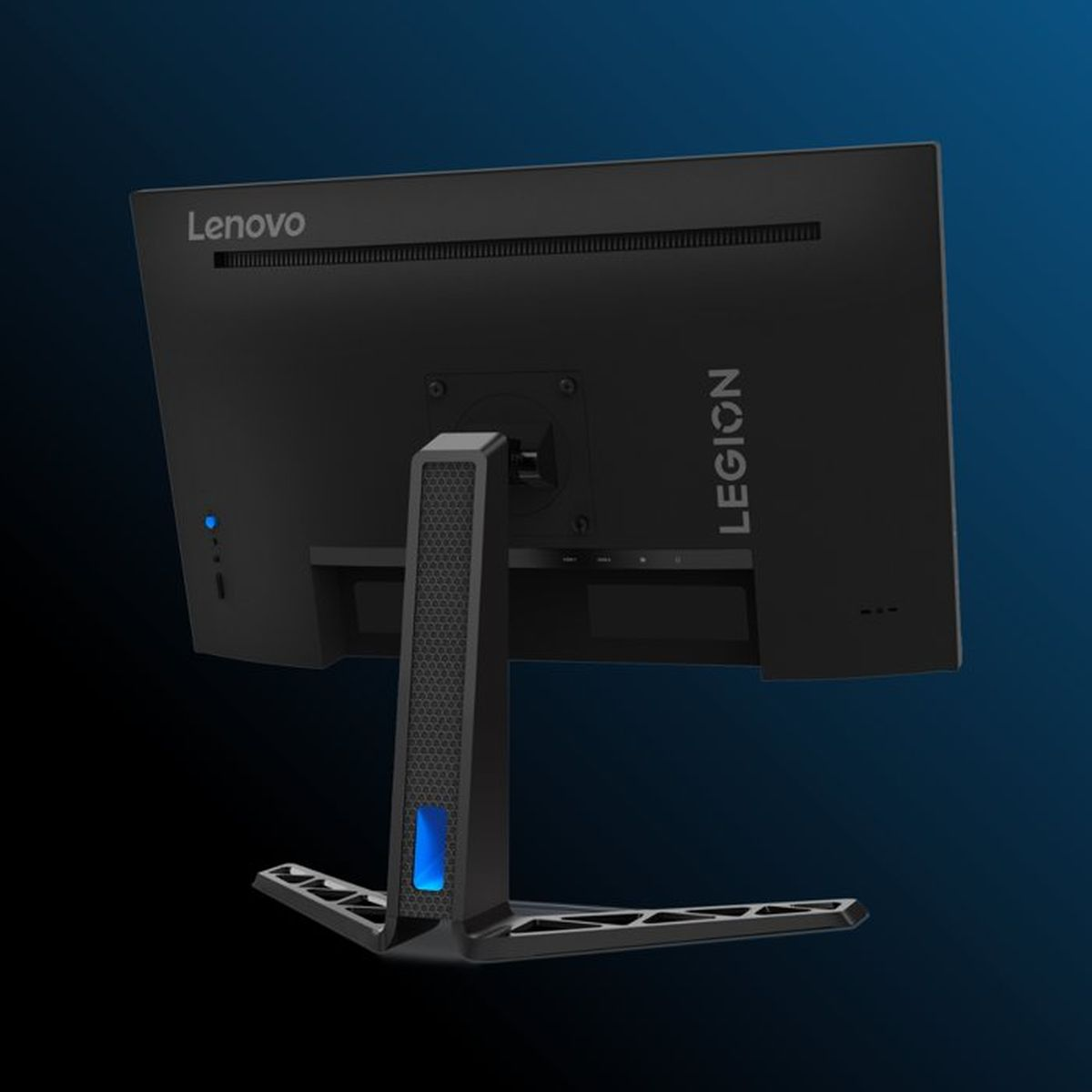 Rückseite eines schwarzen Lenovo Legion Monitors mit Standfuß vor blauem Hintergrund.