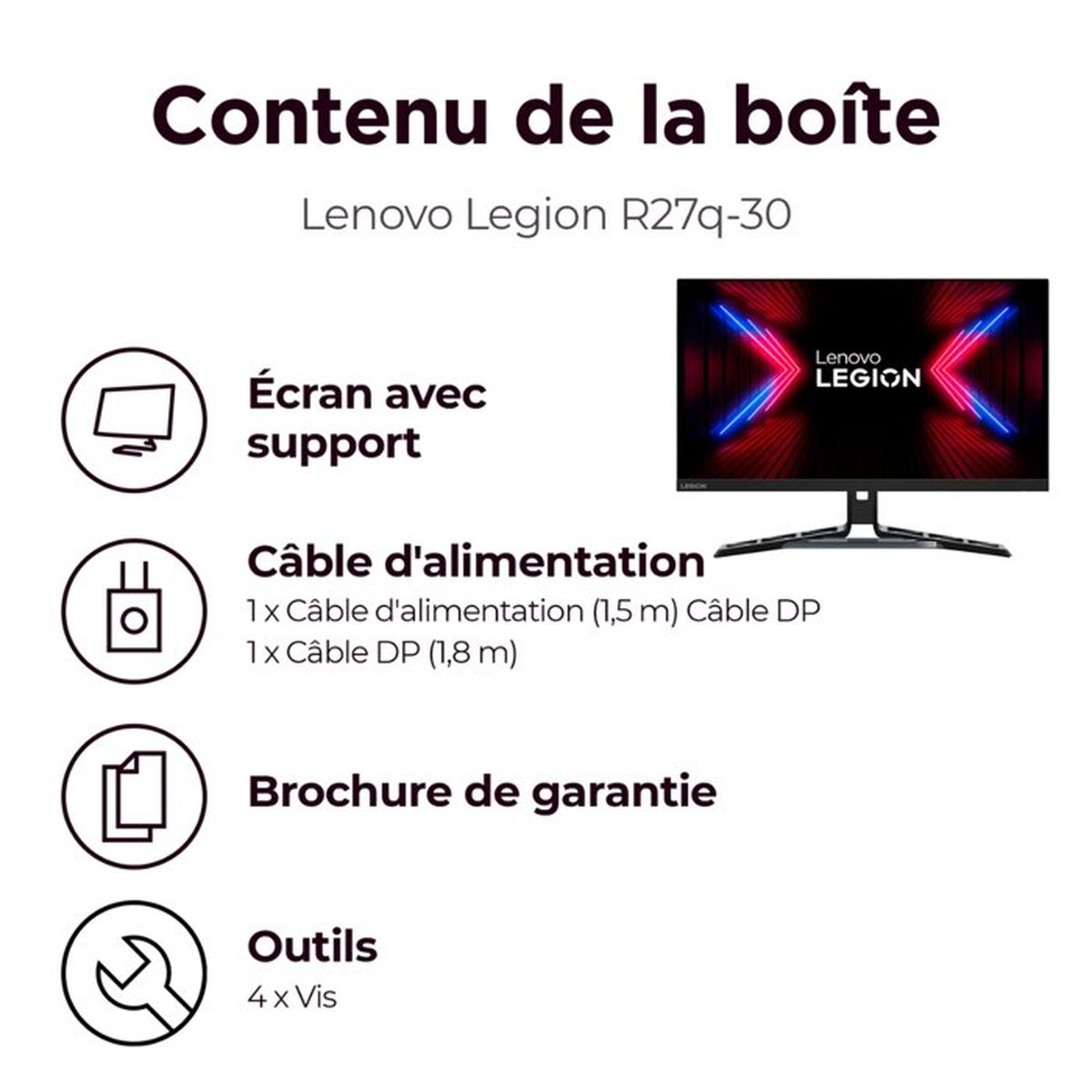 Lieferumfang des Lenovo Legion R27q-30 Monitors mit Bildschirm, Kabeln, Anleitung und Werkzeug.