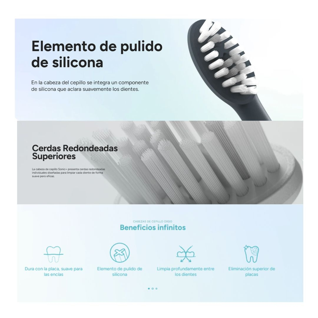 Gráfico de producto muestra cabezales de cepillo eléctrico con elemento de silicona y cerdas redondeadas.