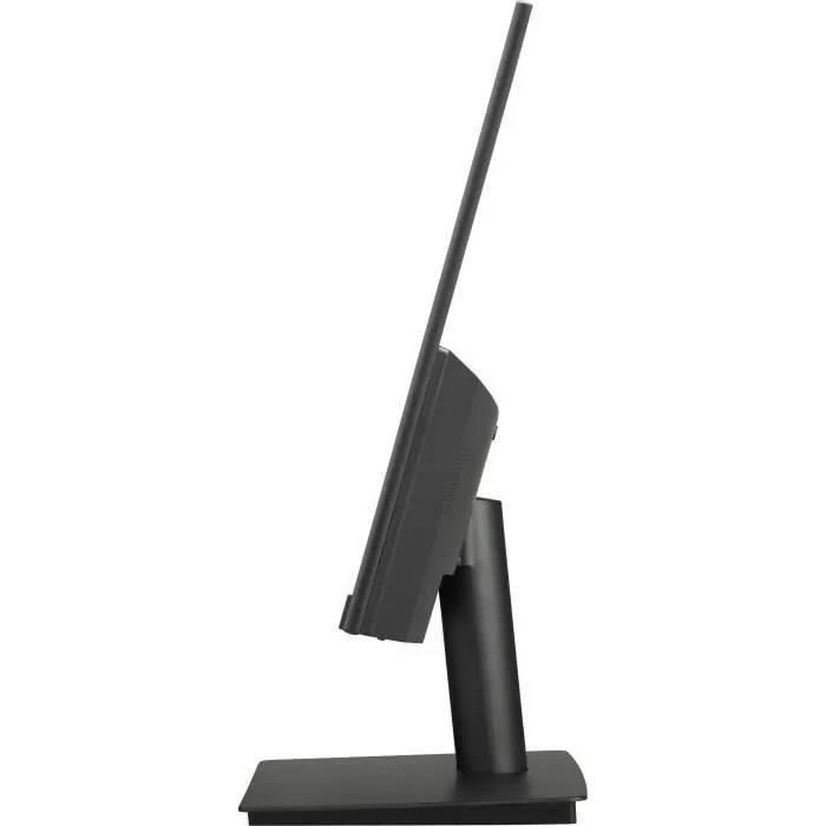 Side view of a modern black computer monitor with a rectangular stand.