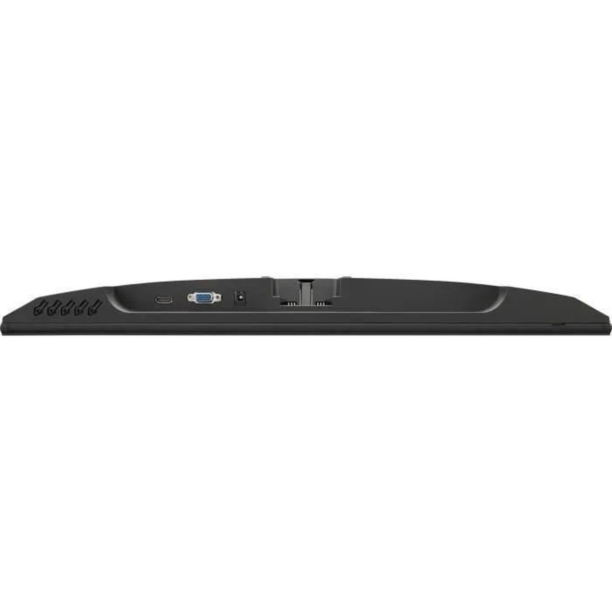 Bottom view of a black monitor showing various ports, power input, and control buttons.