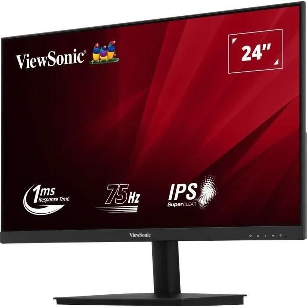 A black ViewSonic 24-inch monitor with a red background, 1ms, 75Hz, and IPS technology.