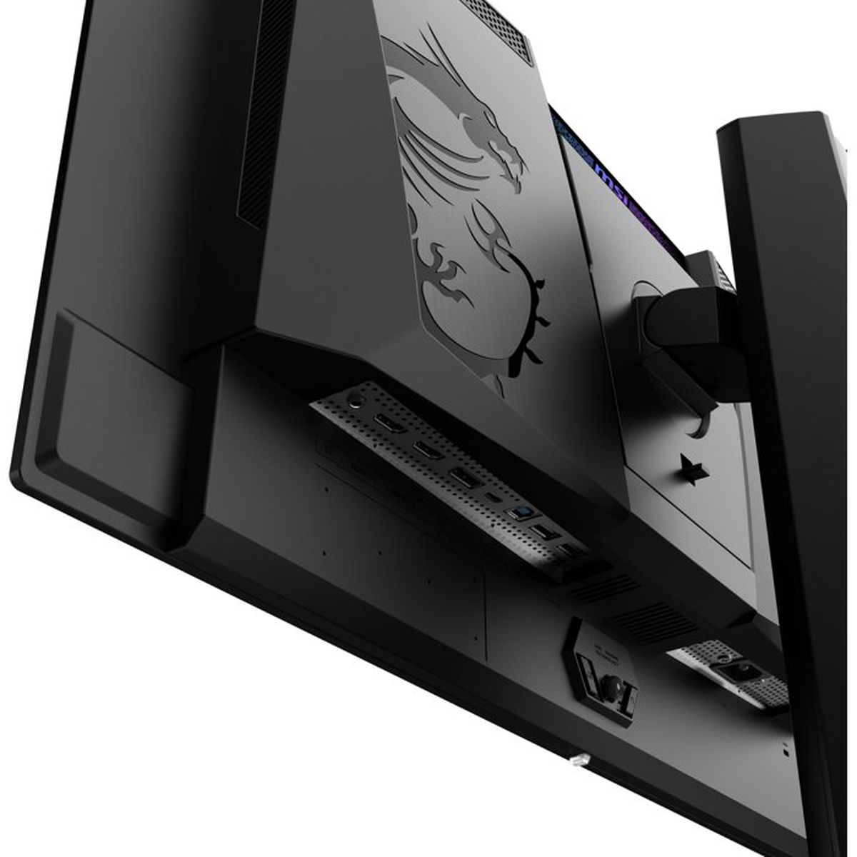 Rear view of a black MSI gaming monitor, showing the dragon logo and various connection ports.