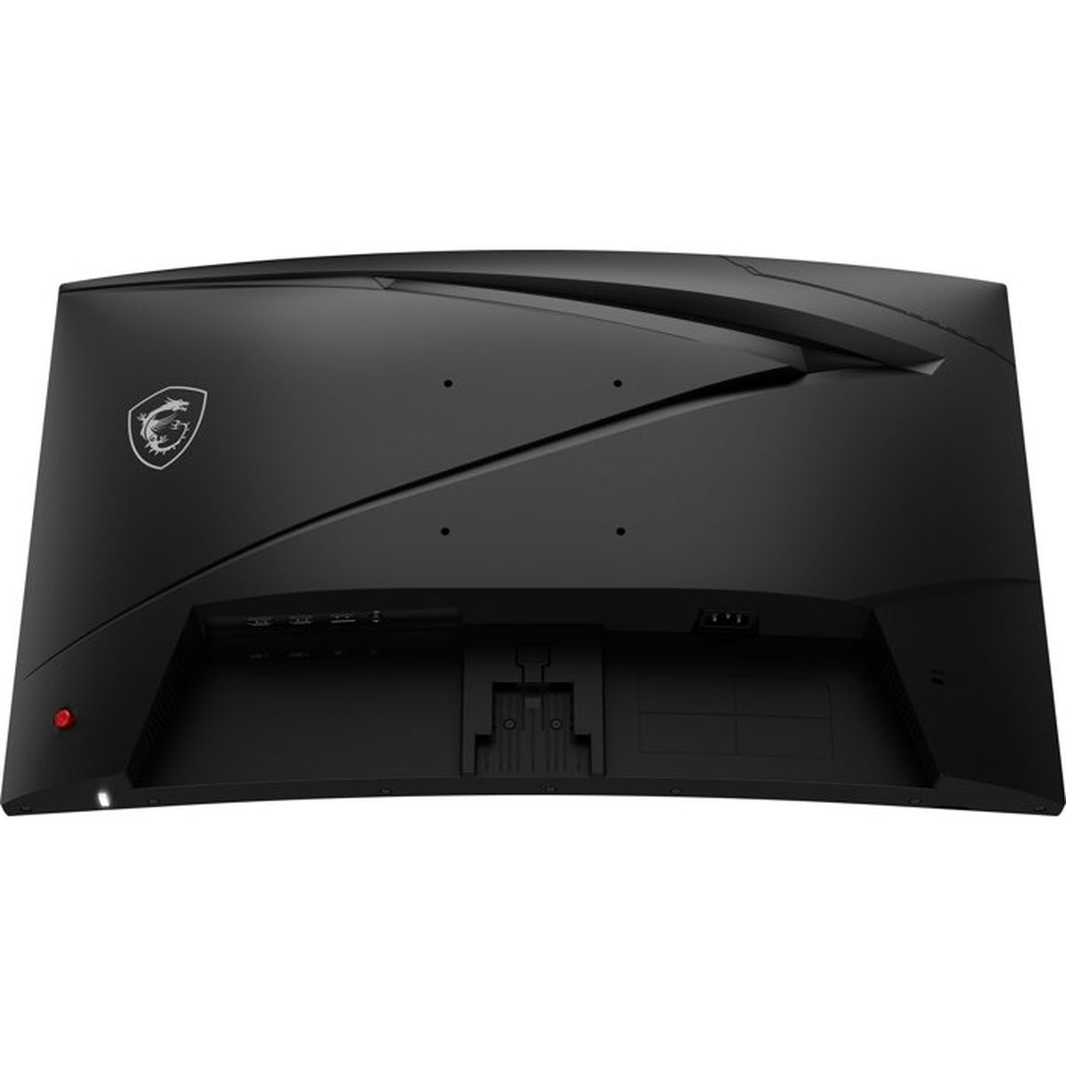 Achteraanzicht van een zwarte gebogen gamingmonitor met MSI-logo, rode knop en VESA-bevestiging.