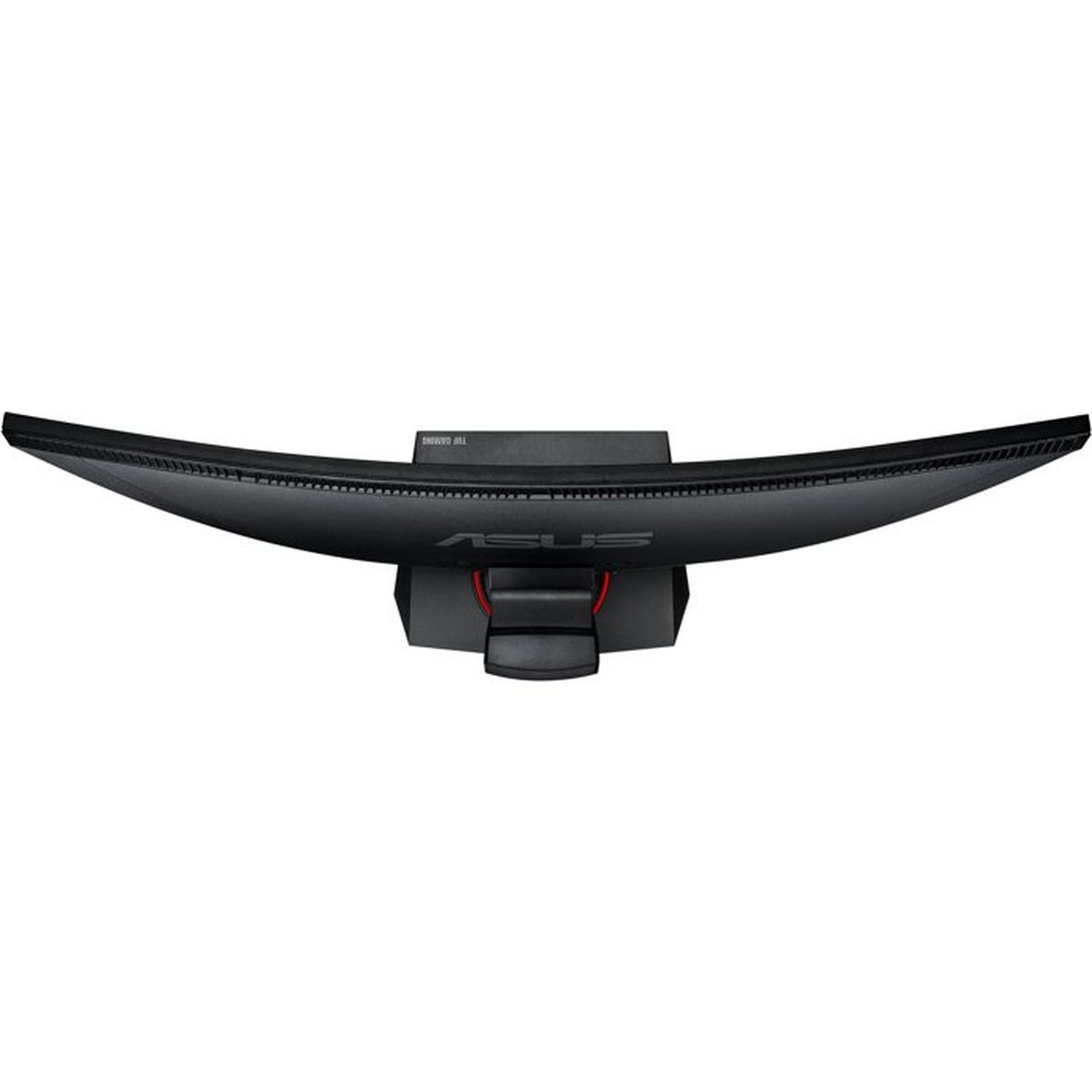 Top-down view of a black curved Asus gaming monitor with a stand on a white background.