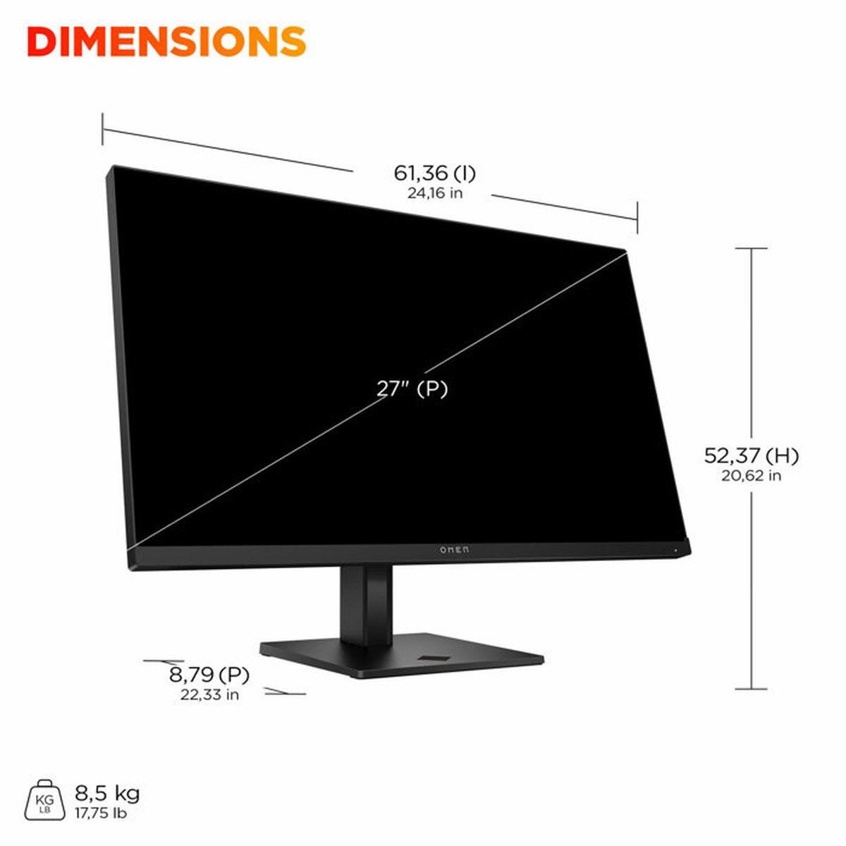 Diagrama que muestra las dimensiones de un monitor negro: 61,36 cm de ancho, 52,37 cm de alto y 8,5 kg.