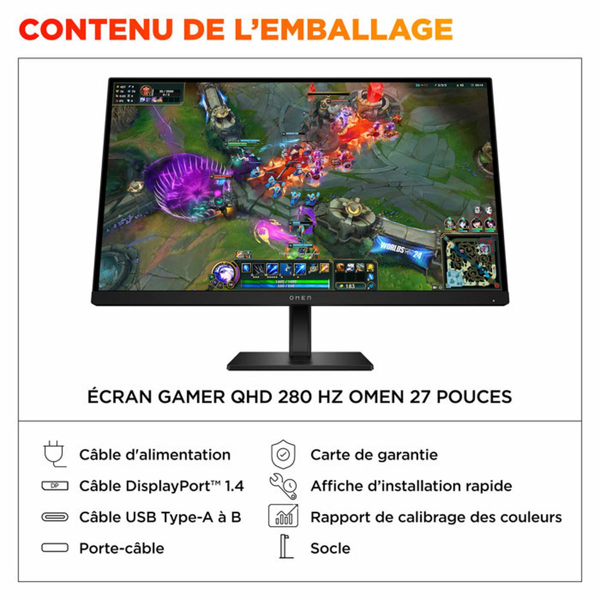 Monitor de juegos OMEN de 27 pulgadas con el juego mostrado y lista de contenido.