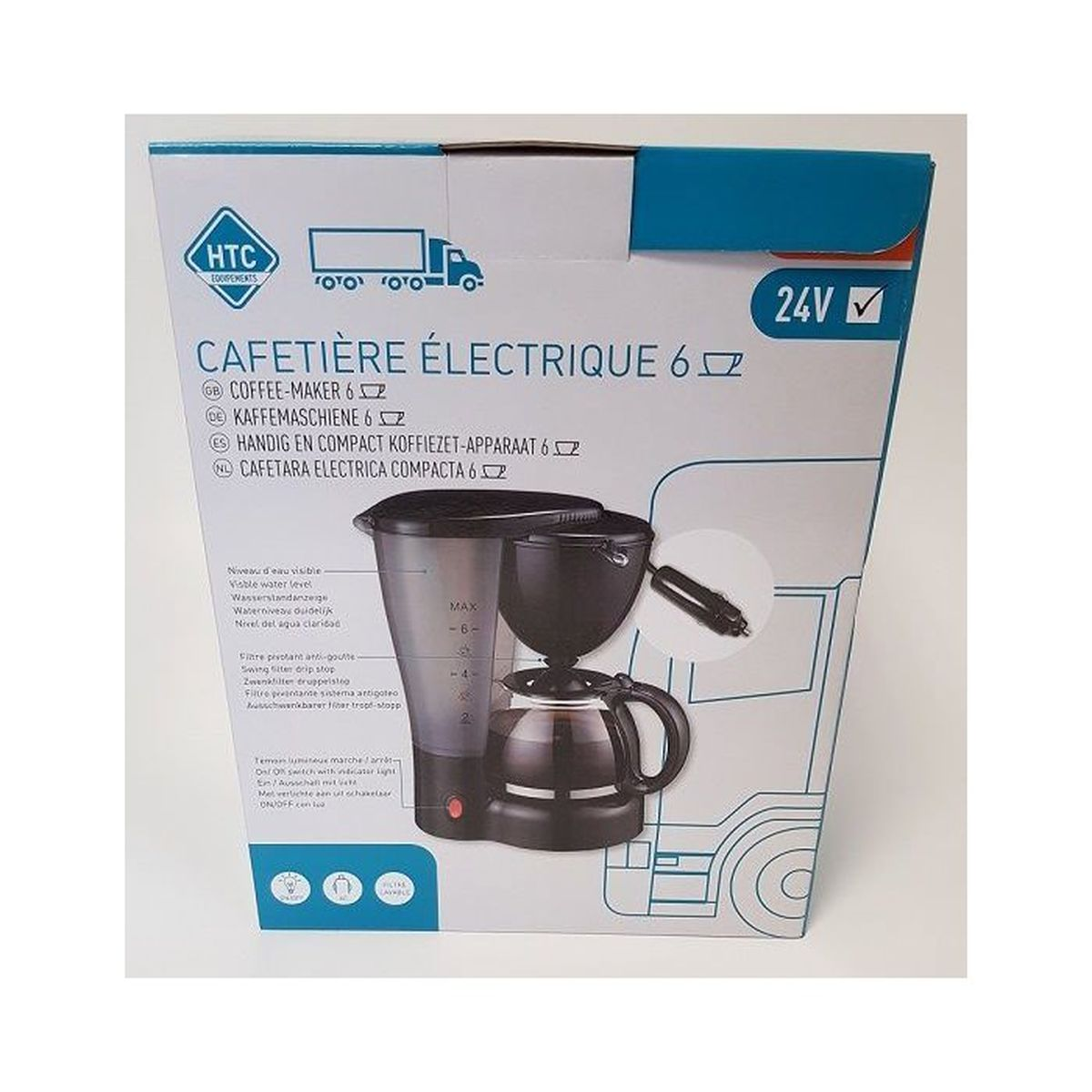 Caja de embalaje para una cafetera eléctrica de 24V para vehículos que muestra el aparato.