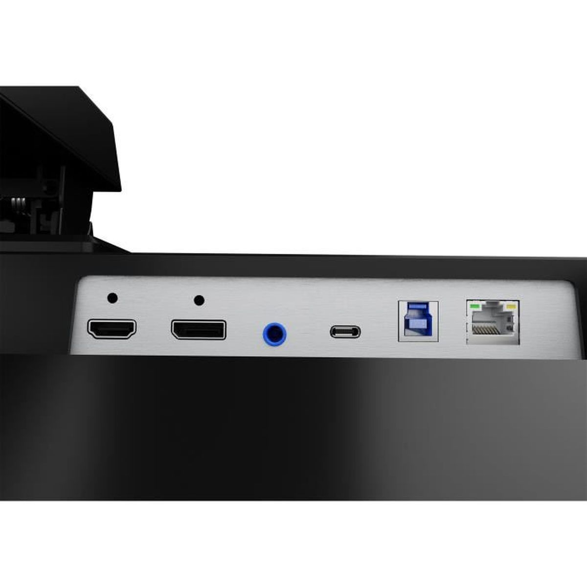 Panel trasero de un dispositivo electrónico que muestra puertos como HDMI, DisplayPort, USB y Ethernet.