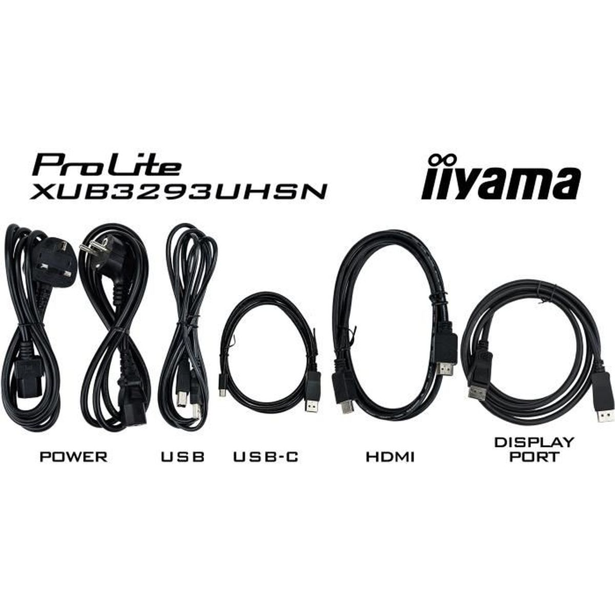 Cables de monitor Iiyama ProLite XUB3293UHSN incluyendo corriente, USB, USB-C, HDMI y DisplayPort sobre fondo blanco.