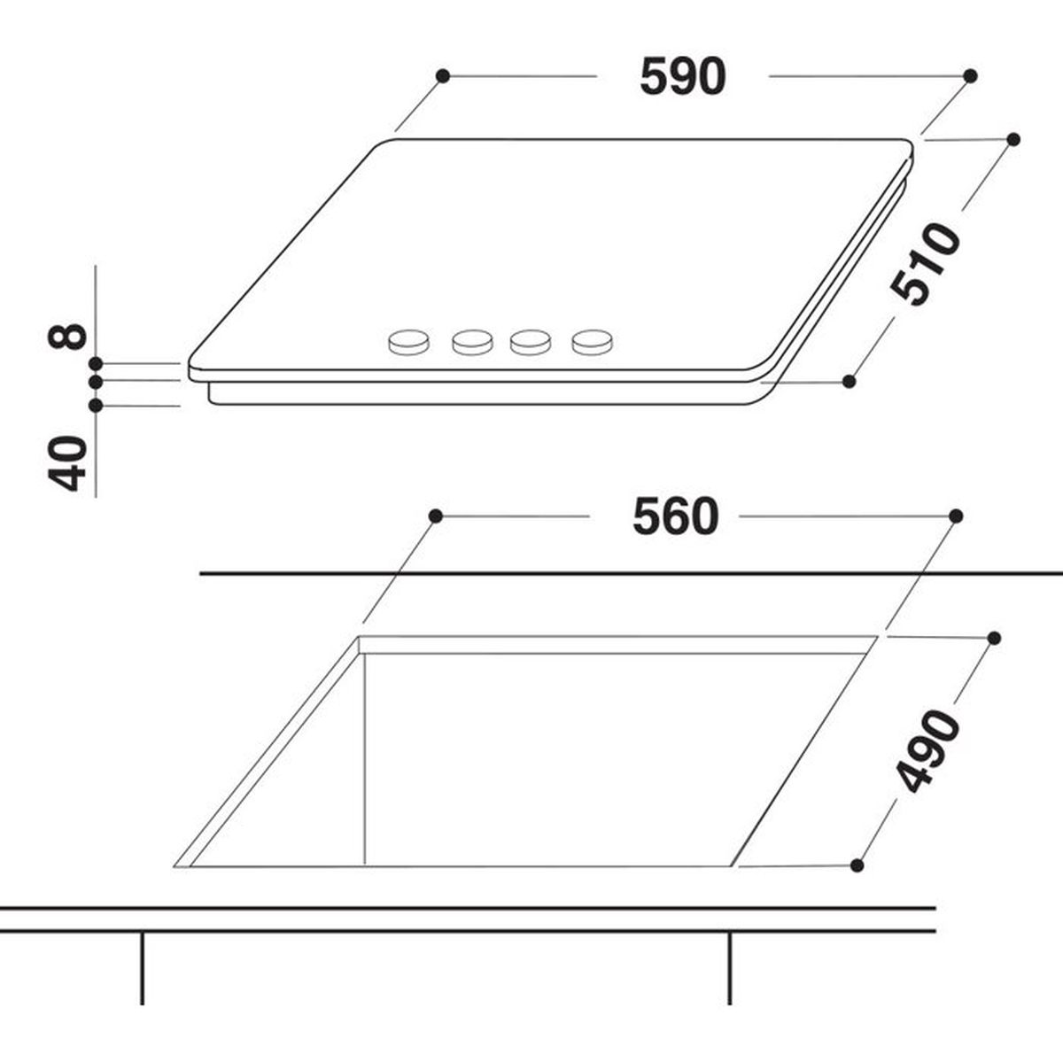 Disegno tecnico di un piano cottura con quote di installazione.