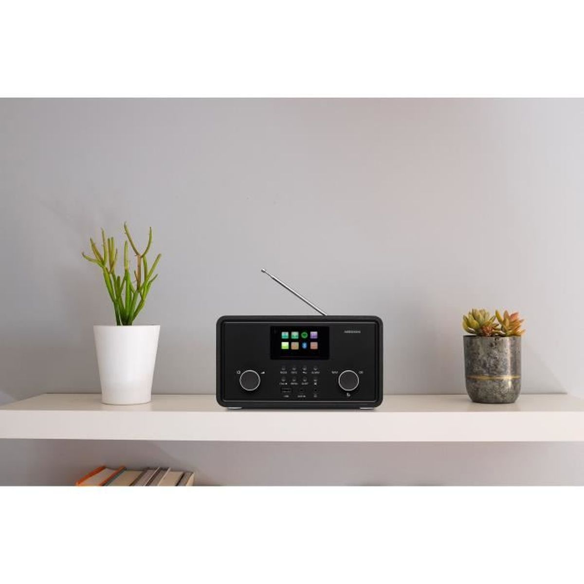 Ein schwarzes Digitalradio mit Antenne steht auf einem Regal zwischen zwei kleinen Topfpflanzen vor grauer Wand.