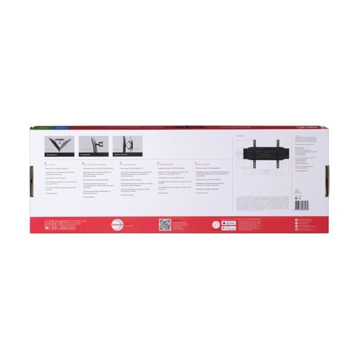 Back of a white and red TV wall mount box with diagrams and multilingual text.
